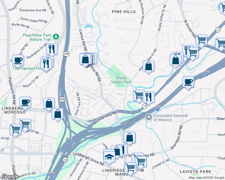 map of restaurants, bars, coffee shops, grocery stores, and more near 2657 Lenox Road Northeast in Atlanta