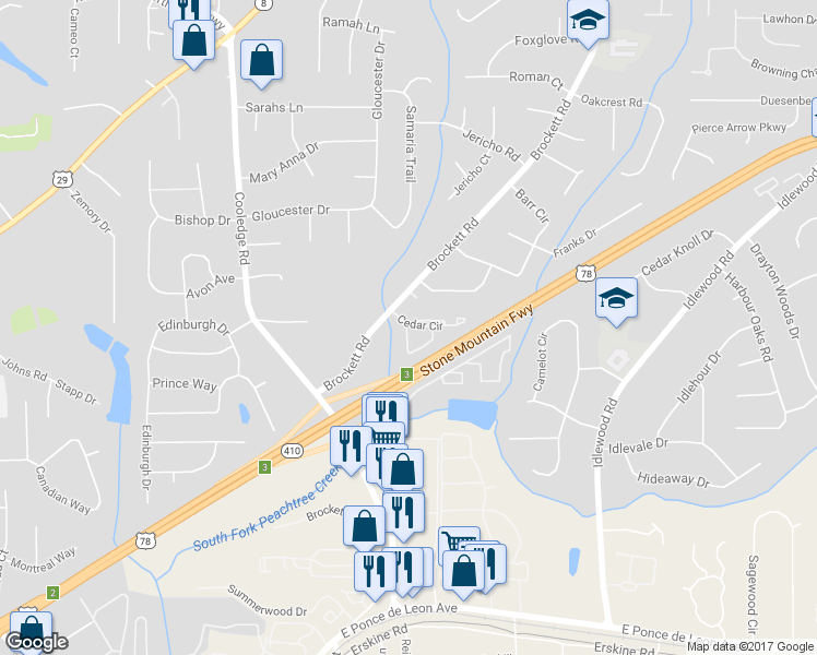 map of restaurants, bars, coffee shops, grocery stores, and more near 3851 Cedar Circle in Tucker