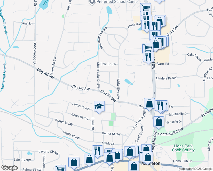 map of restaurants, bars, coffee shops, grocery stores, and more near 5169 Mable Lake Drive Southwest in Mableton