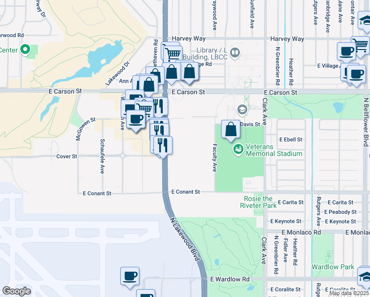map of restaurants, bars, coffee shops, grocery stores, and more near 3855 North Lakewood Boulevard in Long Beach