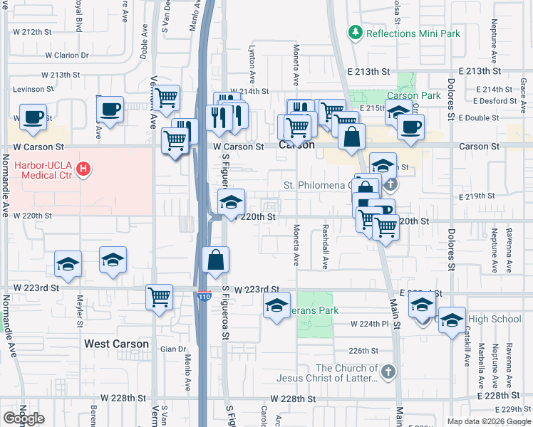 map of restaurants, bars, coffee shops, grocery stores, and more near 401 West 220th Street in Carson