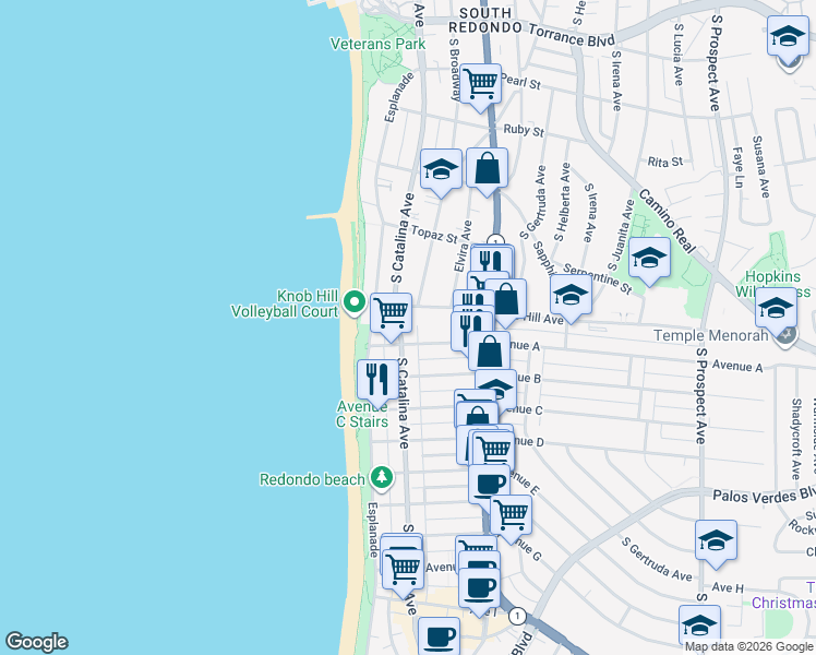 map of restaurants, bars, coffee shops, grocery stores, and more near 810 South Catalina Avenue in Redondo Beach