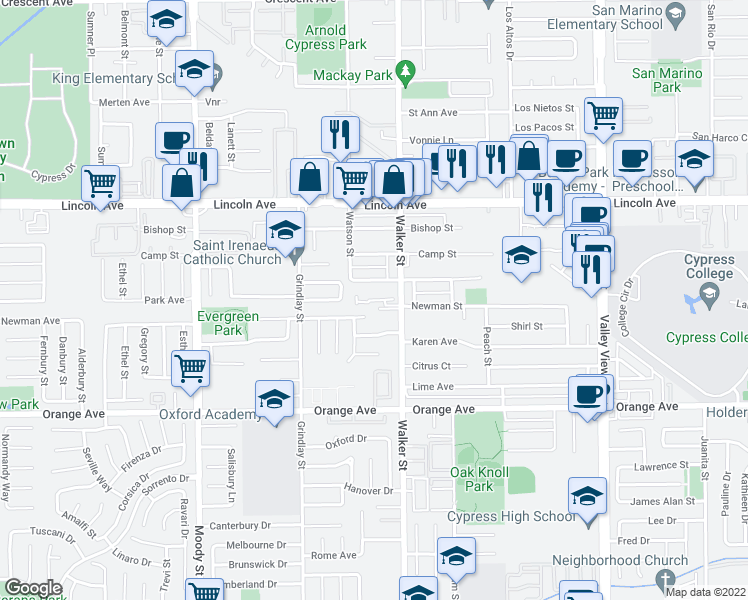 map of restaurants, bars, coffee shops, grocery stores, and more near 9257 Walker Street in Cypress