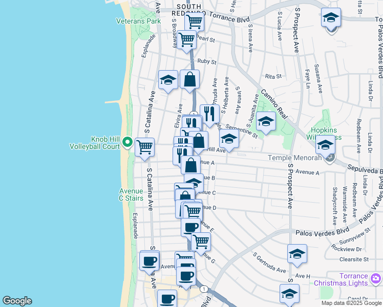 map of restaurants, bars, coffee shops, grocery stores, and more near 531 Avenue A in Redondo Beach