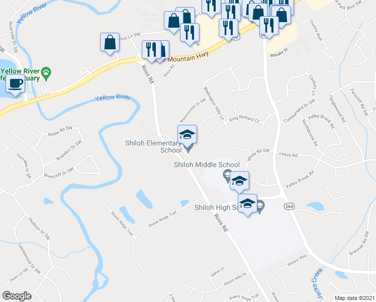 map of restaurants, bars, coffee shops, grocery stores, and more near 2400 Ross Road in Snellville