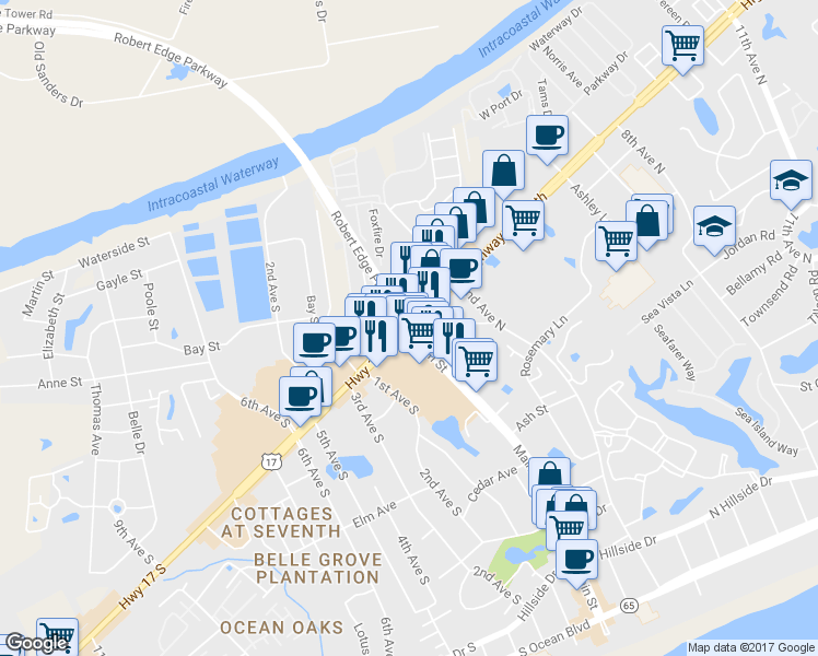 map of restaurants, bars, coffee shops, grocery stores, and more near 110 U.S. 17 in North Myrtle Beach