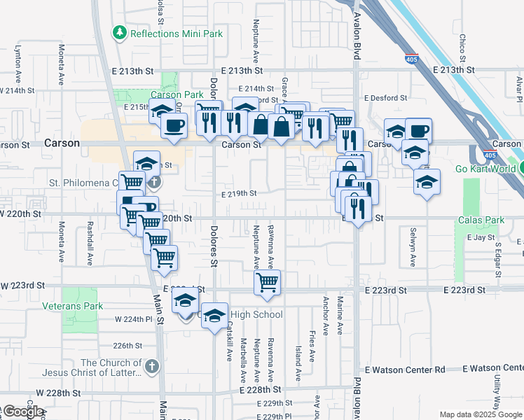 map of restaurants, bars, coffee shops, grocery stores, and more near 433 Willow Run Lane in Carson