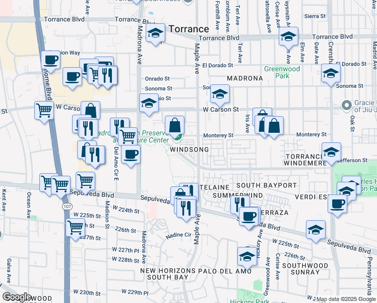 map of restaurants, bars, coffee shops, grocery stores, and more near 3101 Plaza del Amo in Torrance