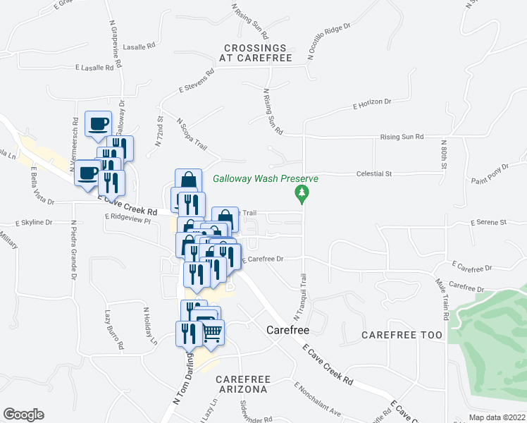 map of restaurants, bars, coffee shops, grocery stores, and more near 7450 East Sundance Trail in Cave Creek