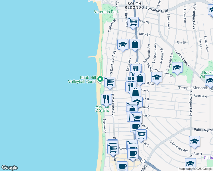 map of restaurants, bars, coffee shops, grocery stores, and more near 813 South Catalina Avenue in Redondo Beach