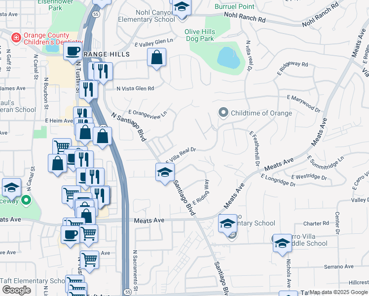 map of restaurants, bars, coffee shops, grocery stores, and more near 2439 East Villa Real Drive in Orange