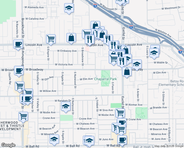 map of restaurants, bars, coffee shops, grocery stores, and more near 314 South Velva Place in Anaheim