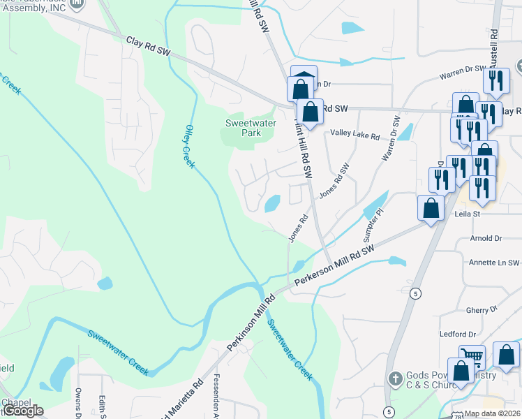 map of restaurants, bars, coffee shops, grocery stores, and more near 2710 Park Avenue in Austell