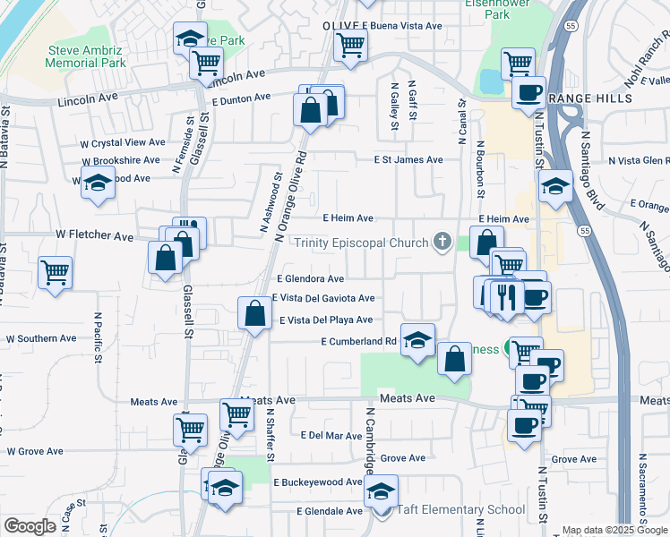 map of restaurants, bars, coffee shops, grocery stores, and more near 2373 North Waterberry Street in Orange