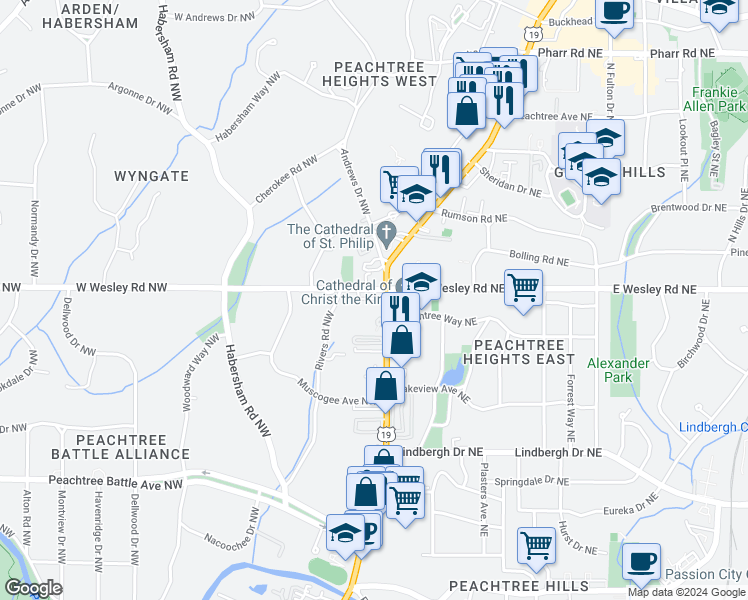map of restaurants, bars, coffee shops, grocery stores, and more near 2 West Wesley Road Northwest in Atlanta