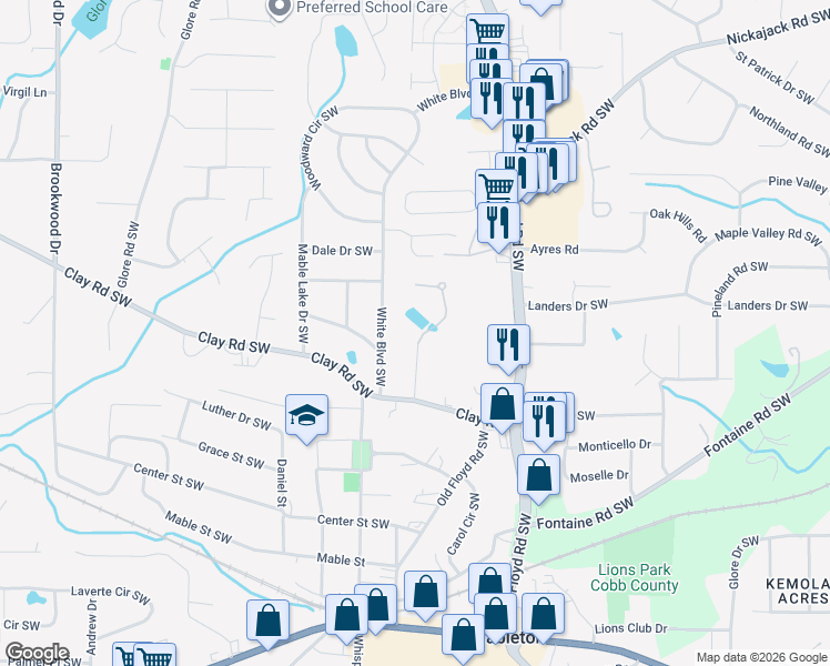 map of restaurants, bars, coffee shops, grocery stores, and more near 5184 Silhouette Lane Southwest in Mableton