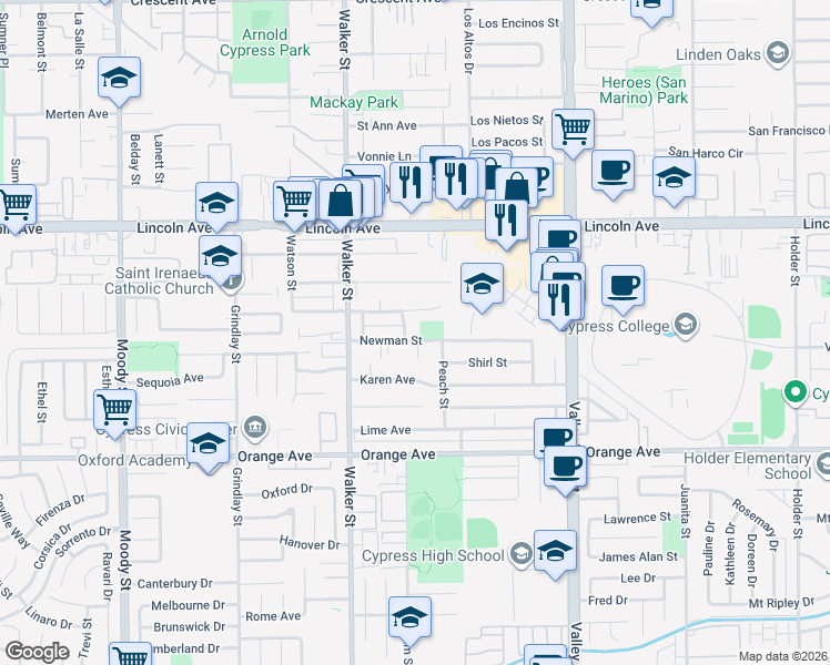map of restaurants, bars, coffee shops, grocery stores, and more near 5641 Newman Street in Cypress