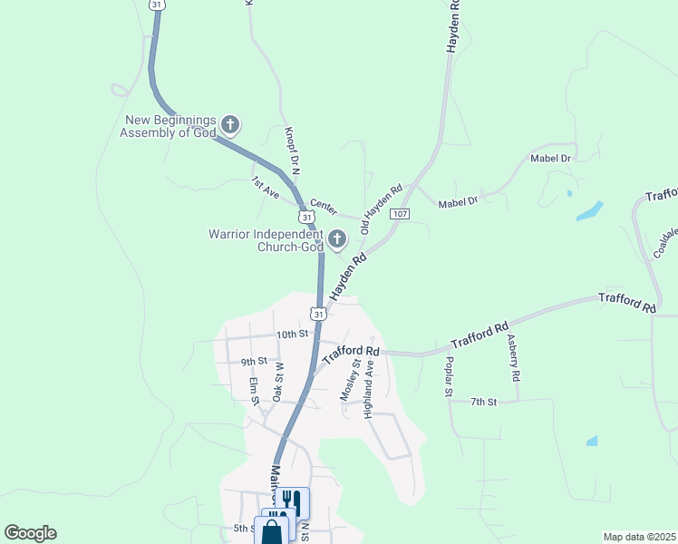 map of restaurants, bars, coffee shops, grocery stores, and more near 1117 Hayden Road in Warrior