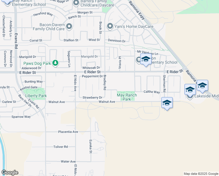 map of restaurants, bars, coffee shops, grocery stores, and more near 1626 Sorrel Lane in Perris