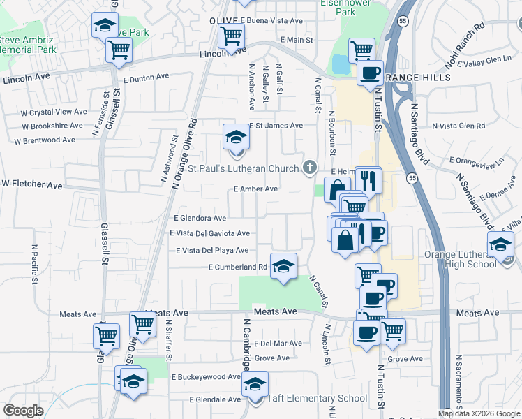 map of restaurants, bars, coffee shops, grocery stores, and more near 1026 East Glendora Avenue in Orange