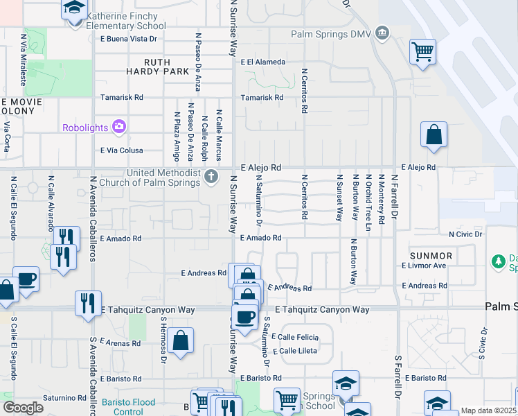 map of restaurants, bars, coffee shops, grocery stores, and more near 1313 East Vista Chino in Palm Springs
