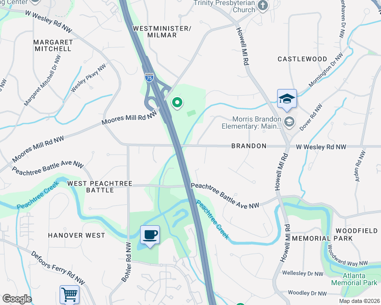 map of restaurants, bars, coffee shops, grocery stores, and more near 1130 West Wesley Road Northwest in Atlanta