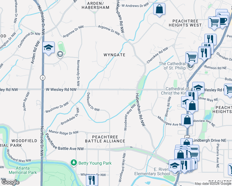 map of restaurants, bars, coffee shops, grocery stores, and more near 296 West Wesley Road Northwest in Atlanta