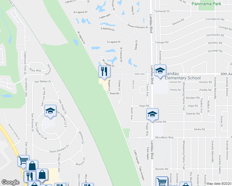map of restaurants, bars, coffee shops, grocery stores, and more near 67694 Duke Road in Cathedral City