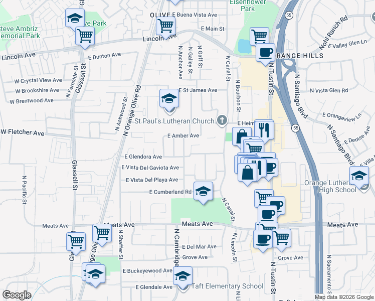 map of restaurants, bars, coffee shops, grocery stores, and more near 1026 East Glendora Avenue in Orange