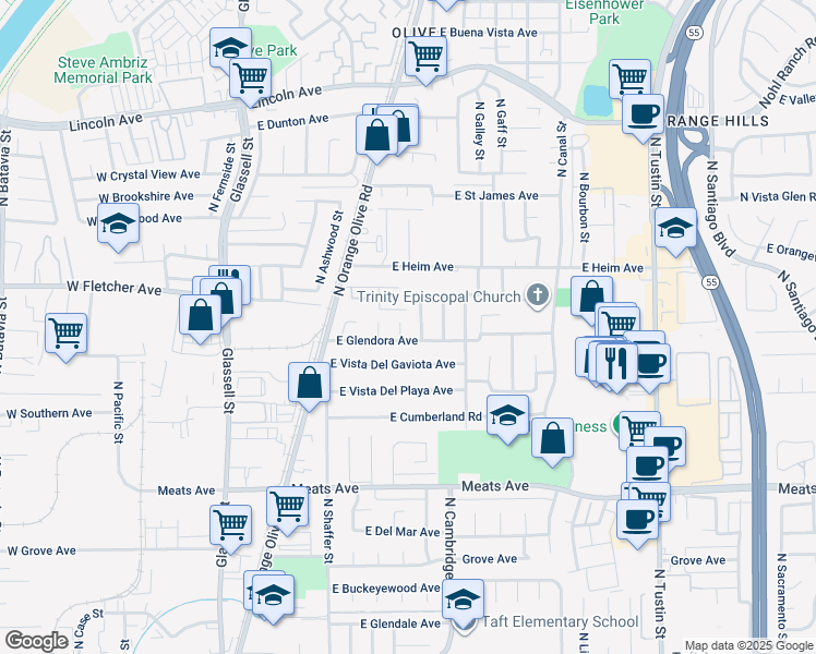 map of restaurants, bars, coffee shops, grocery stores, and more near 2373 North Waterberry Street in Orange