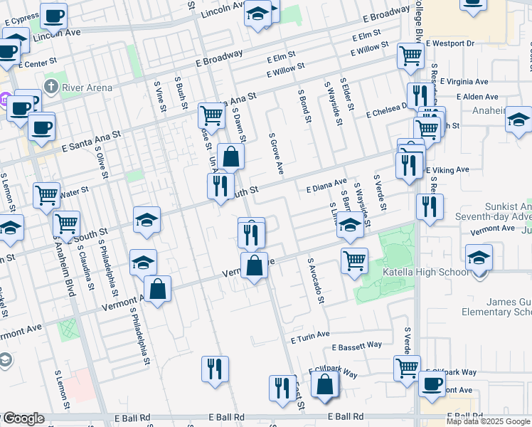 map of restaurants, bars, coffee shops, grocery stores, and more near 1218 East Opal Avenue in Anaheim