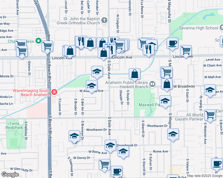 map of restaurants, bars, coffee shops, grocery stores, and more near 312 South Vicki Lane in Anaheim