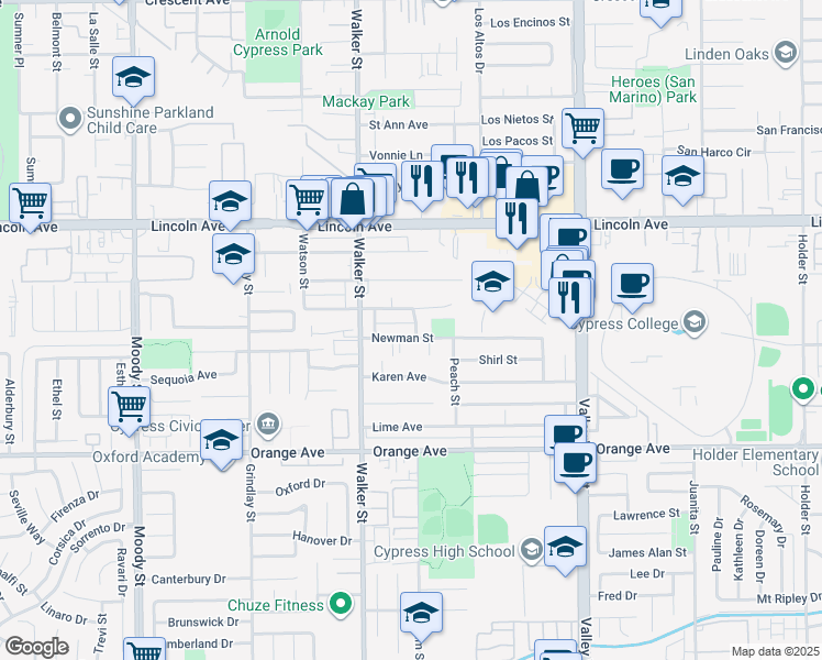 map of restaurants, bars, coffee shops, grocery stores, and more near 5612 Newman Street in Cypress