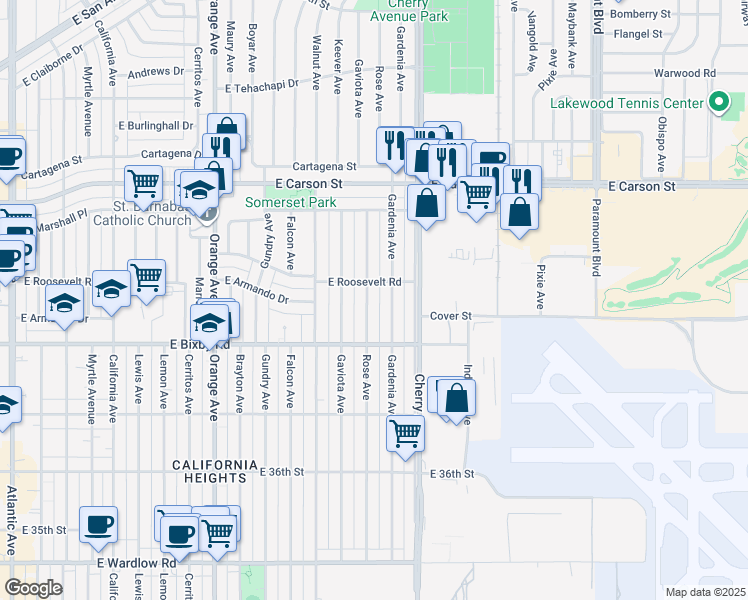 map of restaurants, bars, coffee shops, grocery stores, and more near 3845 Rose Avenue in Long Beach