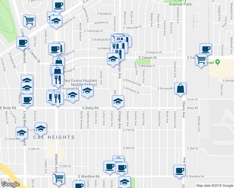 map of restaurants, bars, coffee shops, grocery stores, and more near 3841 Brayton Avenue in Long Beach