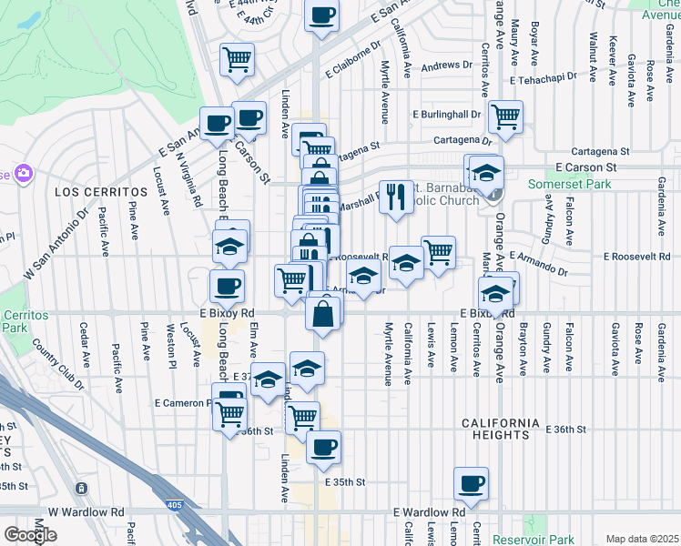 map of restaurants, bars, coffee shops, grocery stores, and more near 3834 Lime Avenue in Long Beach
