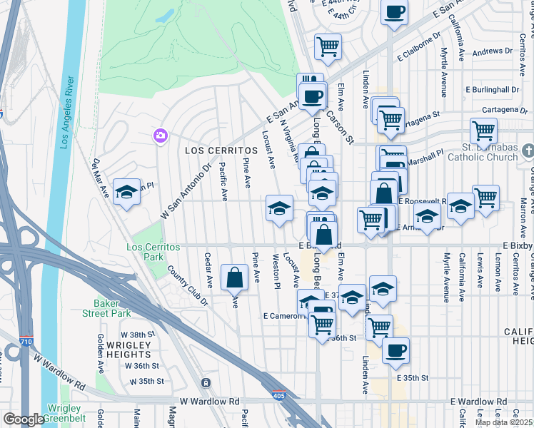 map of restaurants, bars, coffee shops, grocery stores, and more near 3835 Weston Place in Long Beach