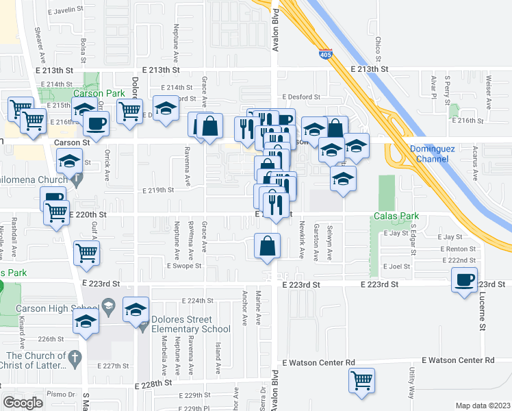 map of restaurants, bars, coffee shops, grocery stores, and more near 639 East 220th Street in Carson