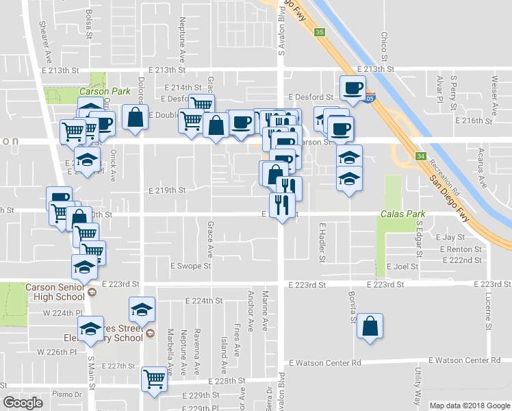 map of restaurants, bars, coffee shops, grocery stores, and more near 639 East 220th Street in Carson