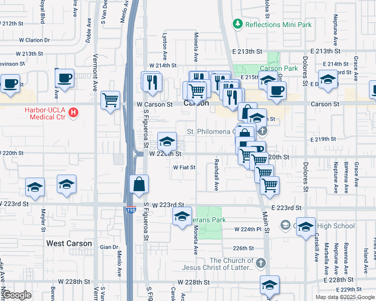 map of restaurants, bars, coffee shops, grocery stores, and more near 319 West 220th Street in Carson