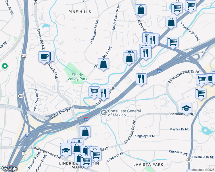 map of restaurants, bars, coffee shops, grocery stores, and more near 2665 Rivers Edge Drive Northeast in Atlanta