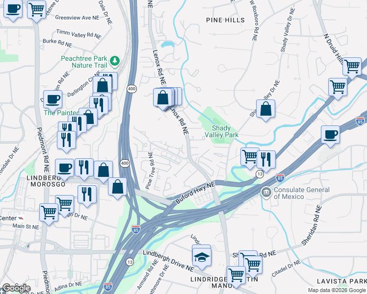 map of restaurants, bars, coffee shops, grocery stores, and more near 2694 Park Avenue in Atlanta