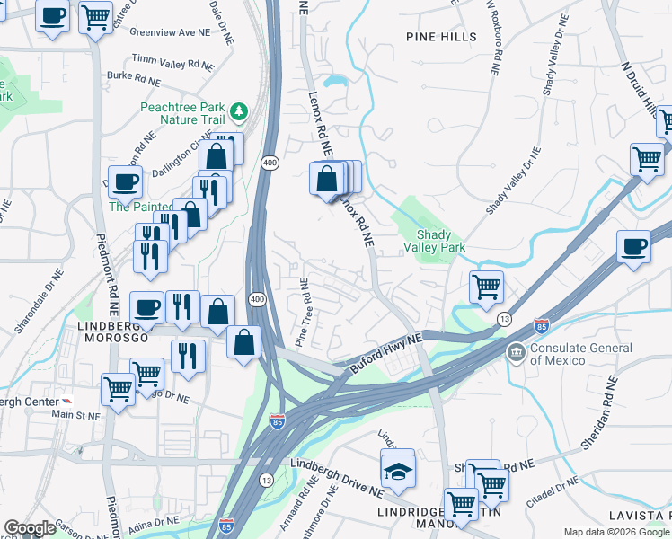 map of restaurants, bars, coffee shops, grocery stores, and more near 2608 Canterbury Trail in Atlanta