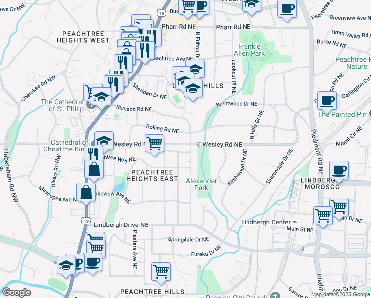 map of restaurants, bars, coffee shops, grocery stores, and more near 239 East Wesley Road Northeast in Atlanta