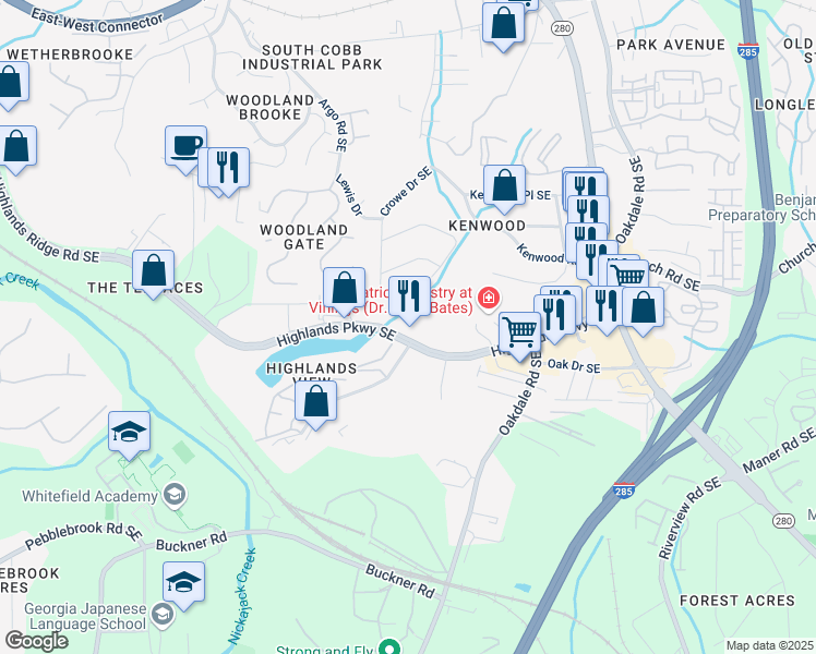 map of restaurants, bars, coffee shops, grocery stores, and more near 3836 Highlands Parkway Southeast in Smyrna