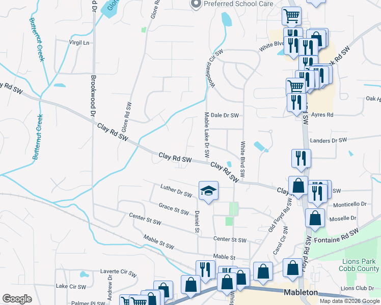 map of restaurants, bars, coffee shops, grocery stores, and more near 1048 Clay Road Southwest in Mableton
