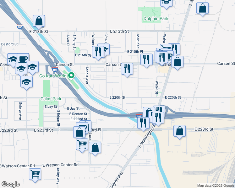 map of restaurants, bars, coffee shops, grocery stores, and more near 1455 East 220th Street in Carson