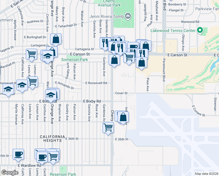 map of restaurants, bars, coffee shops, grocery stores, and more near in Long Beach