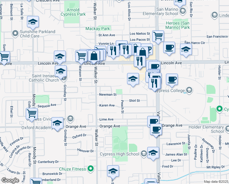 map of restaurants, bars, coffee shops, grocery stores, and more near 5641 Newman Street in Cypress