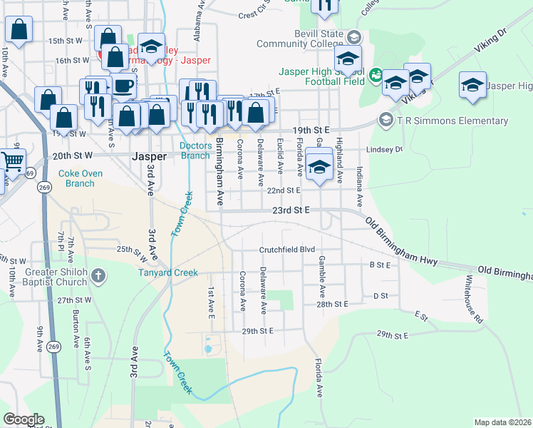 map of restaurants, bars, coffee shops, grocery stores, and more near 23rd Street East in Jasper